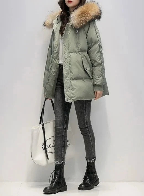 Precioso abrigo de invierno con capucha de piel sintética para mujer