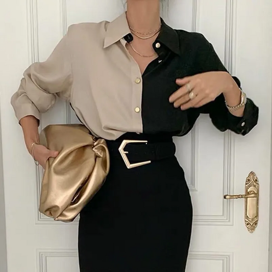 Charlotte Blusa vintage de manga larga para mujer - Elegante y bicolor