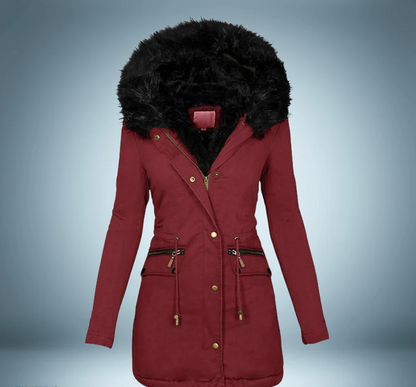 Exclusiva parka con cuello de piel en negro