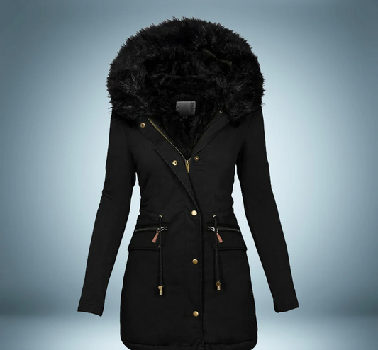 Exclusiva parka con cuello de piel en negro