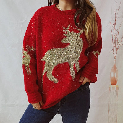 Eileen | jersey de punto con escote redondo y ciervo navideño para mujer