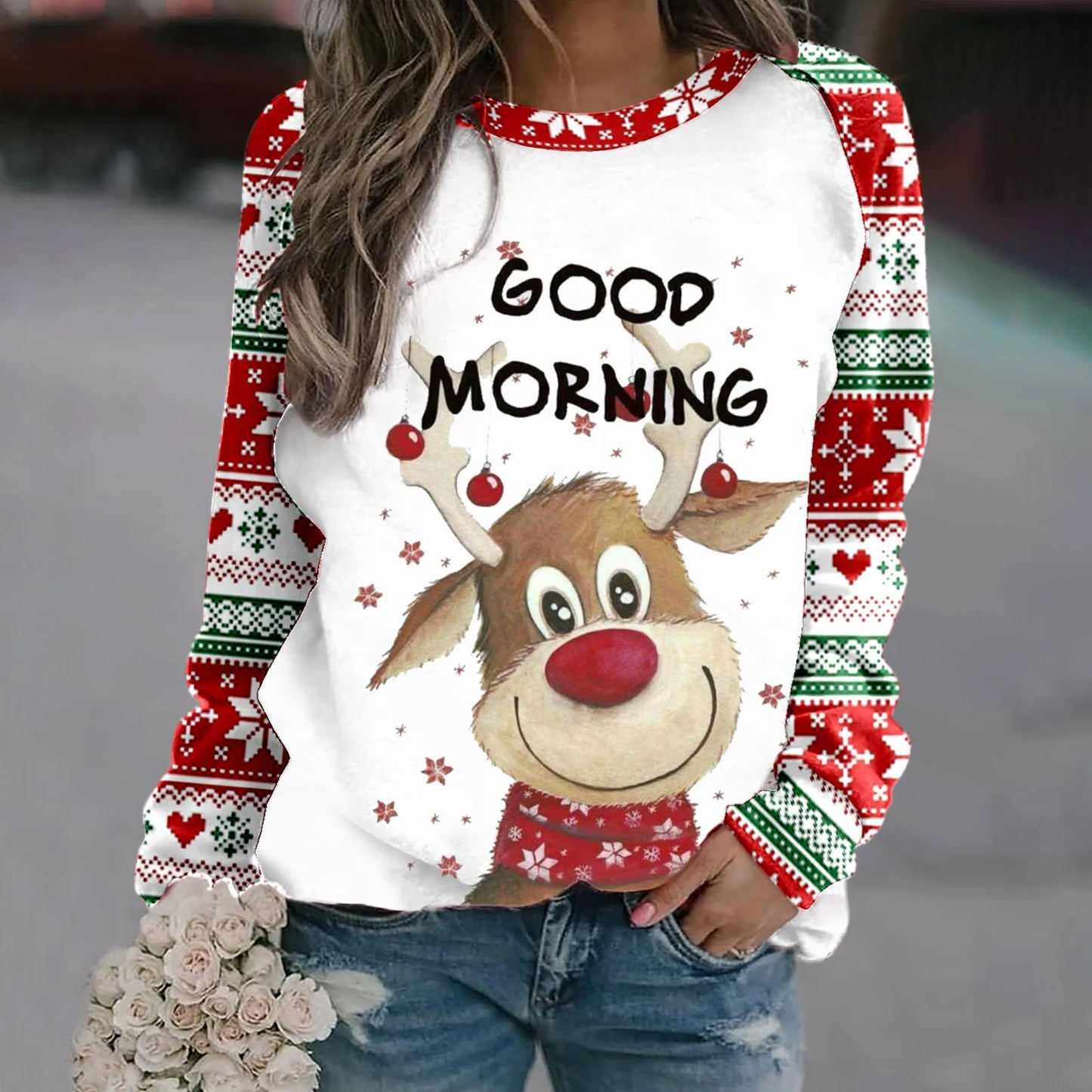 Romina | Cálido jersey con escote redondo y reno navideño estampado en 3D para mujer