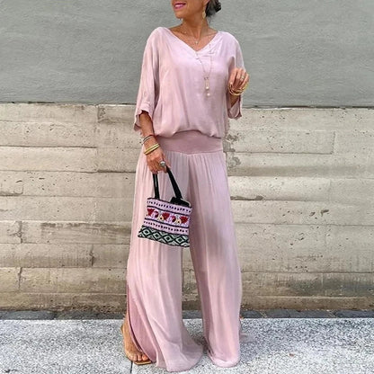 Elegante top de gasa con pantalón-conjunto de dos piezas