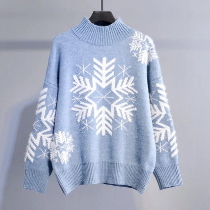 Liane | Cálido jersey de punto con cuello alto y copos de nieve bordados para mujer