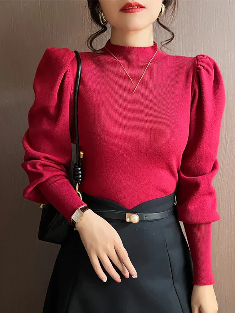 Blusa de cuello redondo y manga larga abullonada para mujer