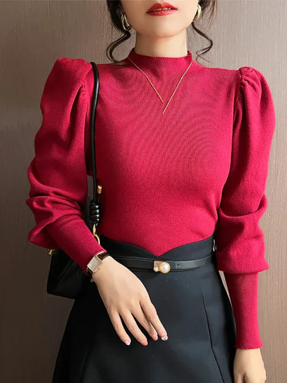 Blusa de cuello redondo y manga larga abullonada para mujer