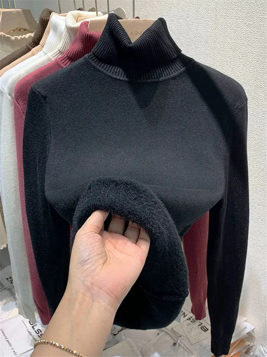 Jersey de cuello alto con forro de terciopelo para mujer