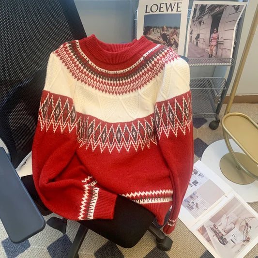 Melitta | Cálido jersey de punto con escote redondo y patchwork vintage para mujer