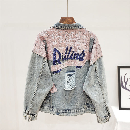 Chaqueta vaquera oversize con purpurina
