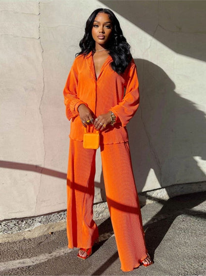 Camisa de manga larga y pantalón ancho | Elegante conjunto de dos piezas para mujer