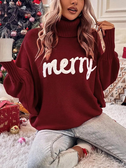 Ines | Jersey de punto de manga murciélago con cuello alto y letras "Merry" en relieve para mujer