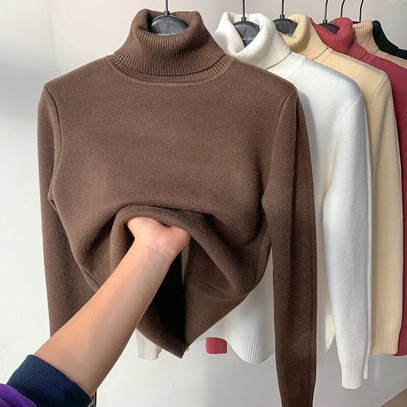 Jersey de cuello alto con forro de terciopelo para mujer