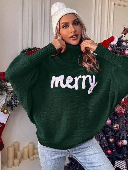 Ines | Jersey de punto de manga murciélago con cuello alto y letras "Merry" en relieve para mujer