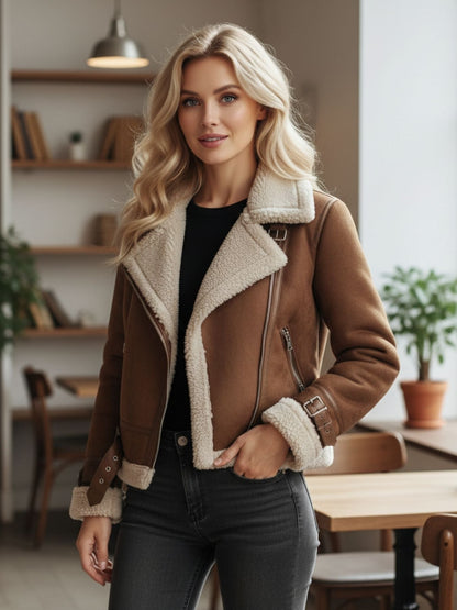 Selena | Chaqueta de cuero para mujer con forro sherpa elegante y cálido