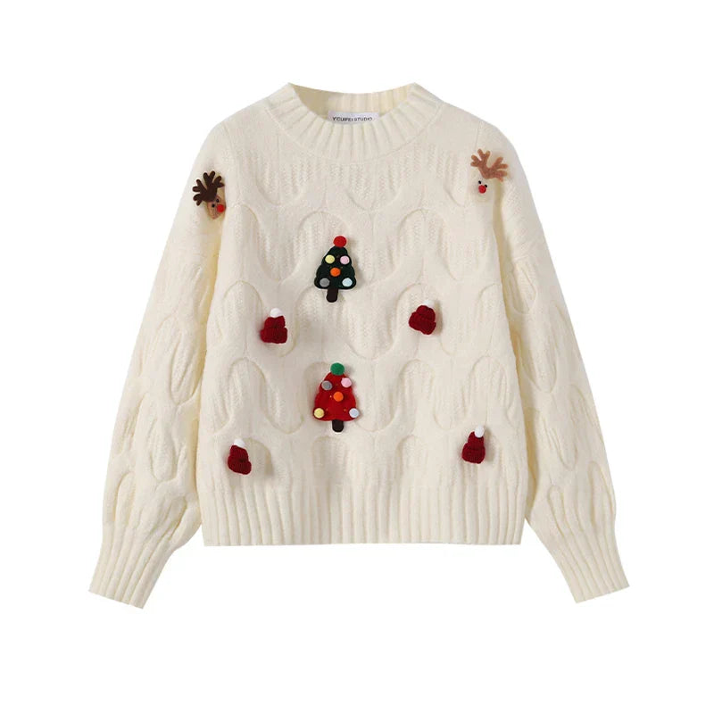 Dragana | Cálido jersey de punto con escote redondo y figuras navideñas en relieve para mujer