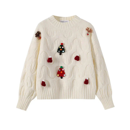 Dragana | Cálido jersey de punto con escote redondo y figuras navideñas en relieve para mujer