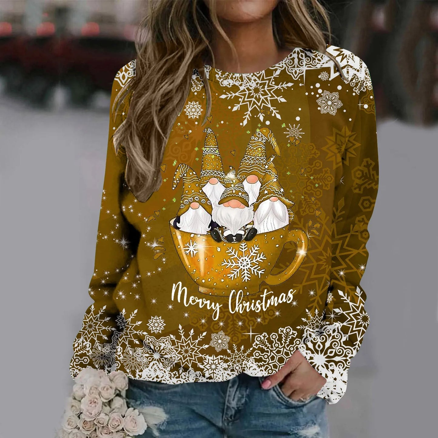 Zorana | Cálido jersey con escote redondo y estampado Merry Christmas para mujer
