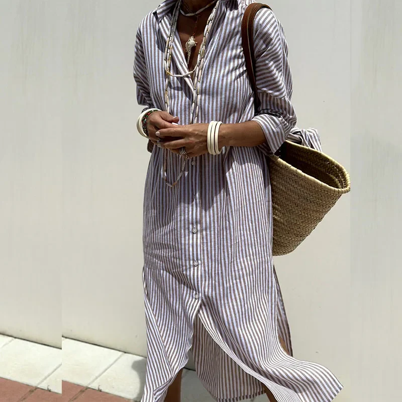 Vestido camisero a rayas con diseño elegante para uso diario o eventos