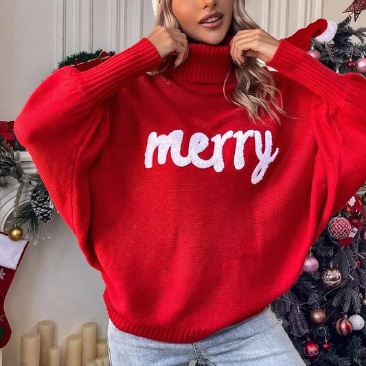 Ines | Jersey de punto de manga murciélago con cuello alto y letras "Merry" en relieve para mujer
