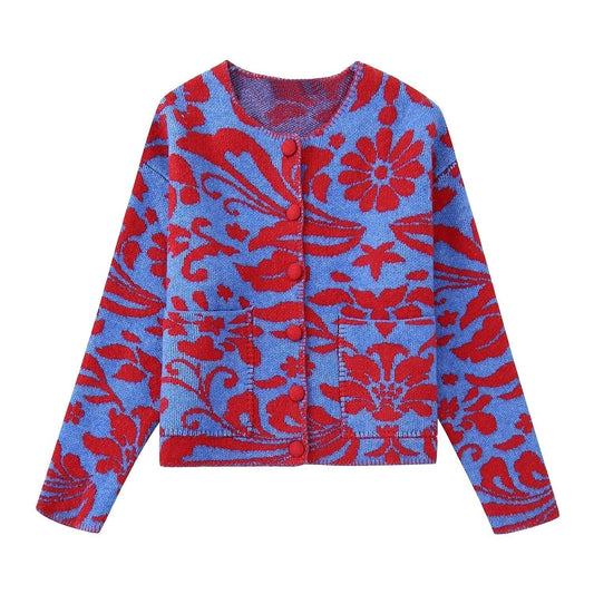 Chaqueta de punto jacquard floral vintage para mujer
