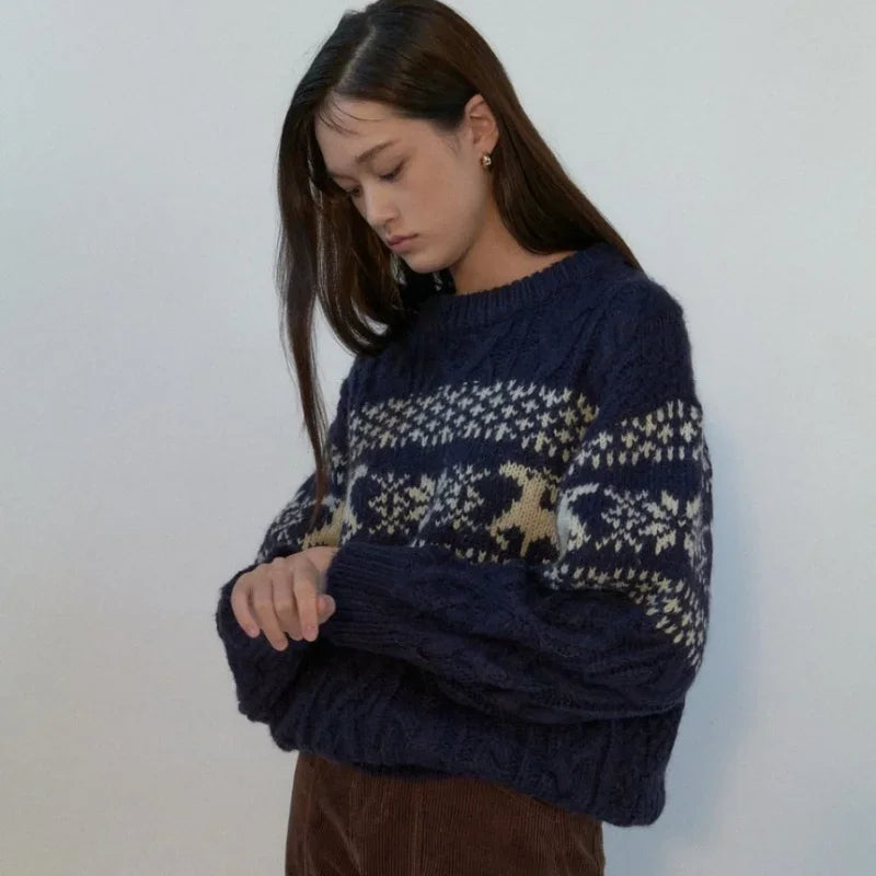 Steffi | Jersey de punto con escote redondo y patchwork navideño para mujer