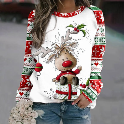 Romina | Cálido jersey con escote redondo y reno navideño estampado en 3D para mujer