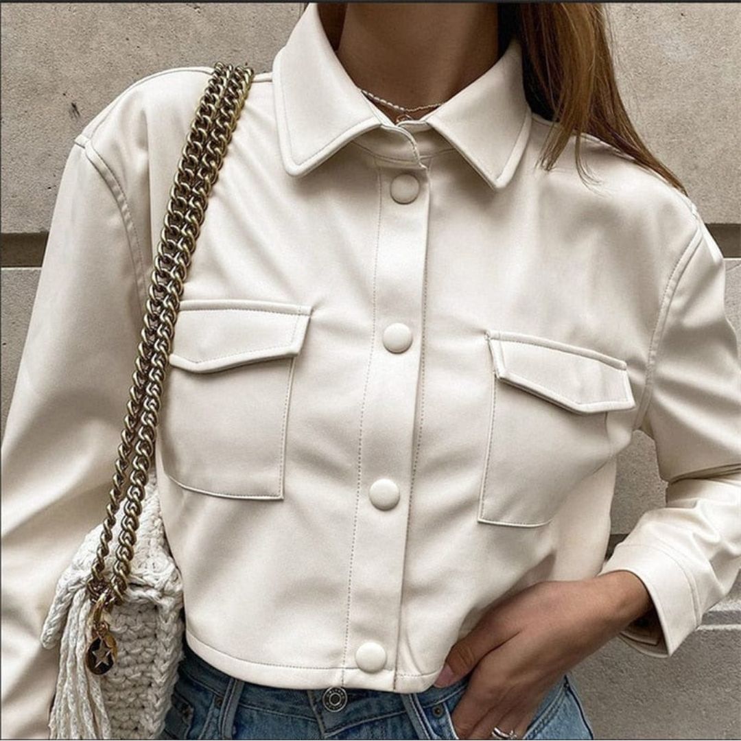 Elegante Chaqueta Corta De Cuero Con Botones Para Mujer | Perfecta Para Los Outfits De Todos Los Días