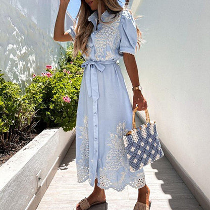 Vestido camisero - Bordado de encaje y cintura ajustable