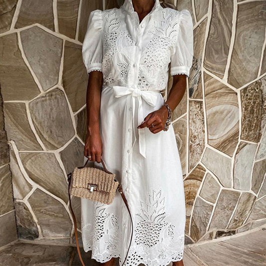 Vestido camisero - Bordado de encaje y cintura ajustable
