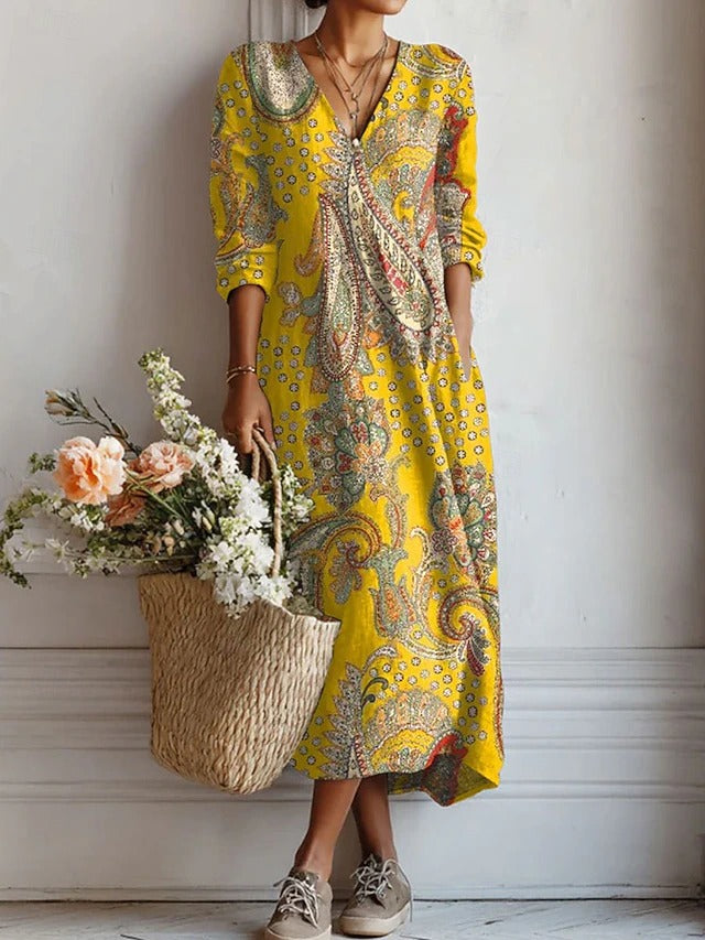 Damska Elegancka Sukienka Maxi W Kwiaty Luźny Krój