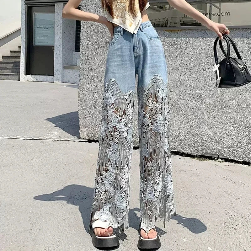 Frideswide - Pantalones vaqueros de cintura alta con detalles de encaje
