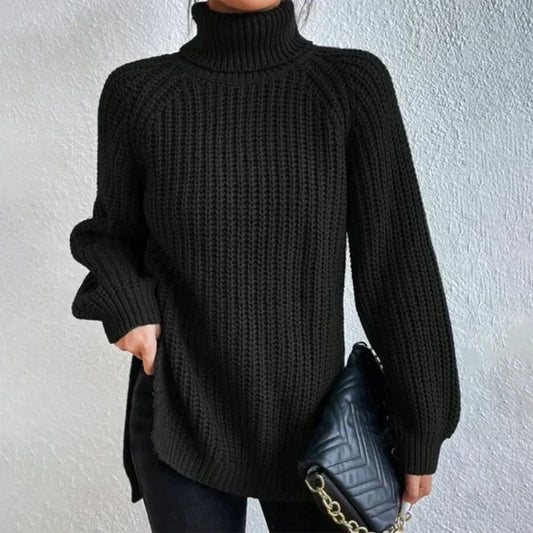 Nicole | jersey negro de manga larga y cuello alto de canalé grueso para la primavera