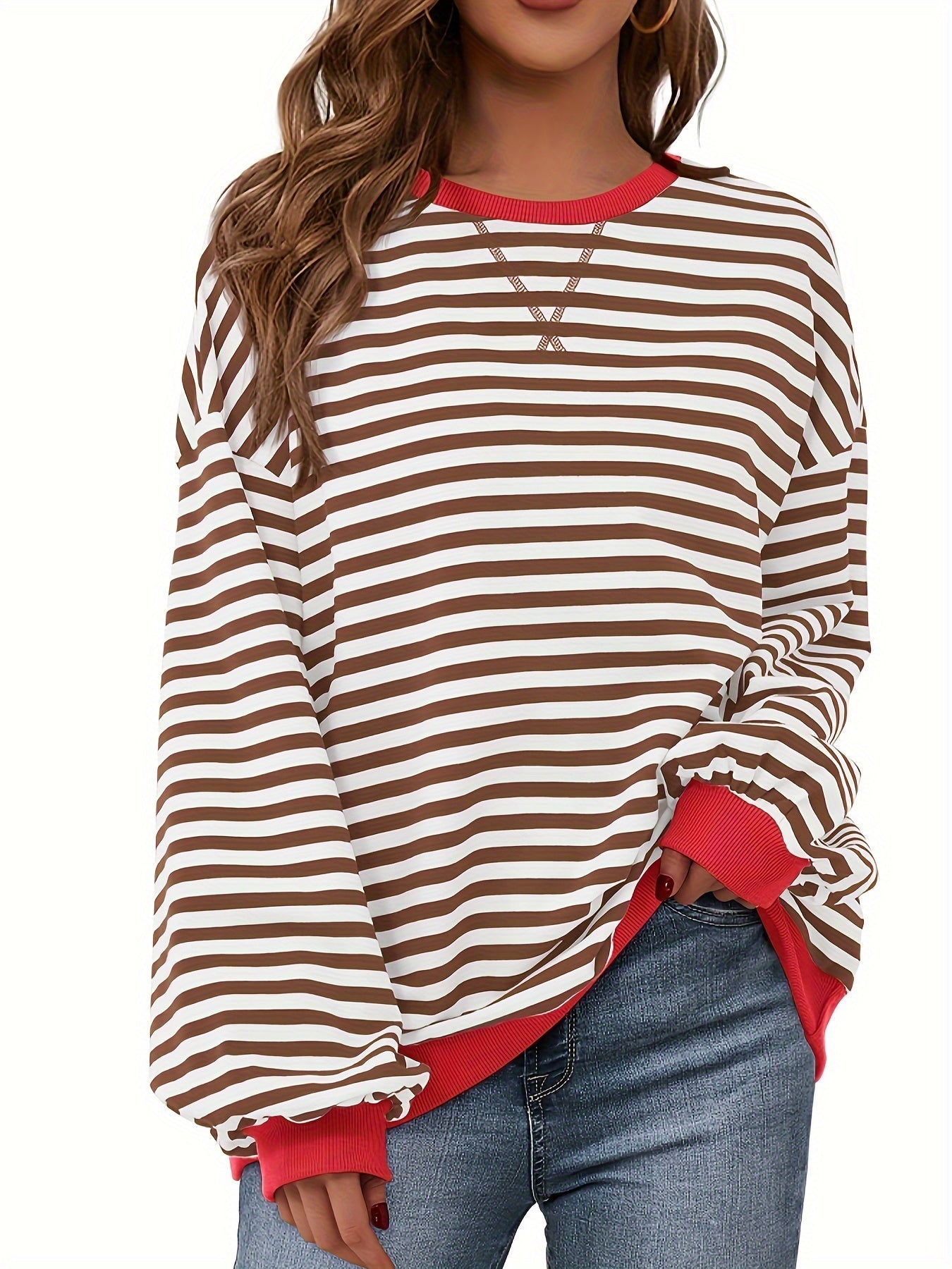 Sudadera de cuello redondo - Color Block Striped Design & Relaxed Fit