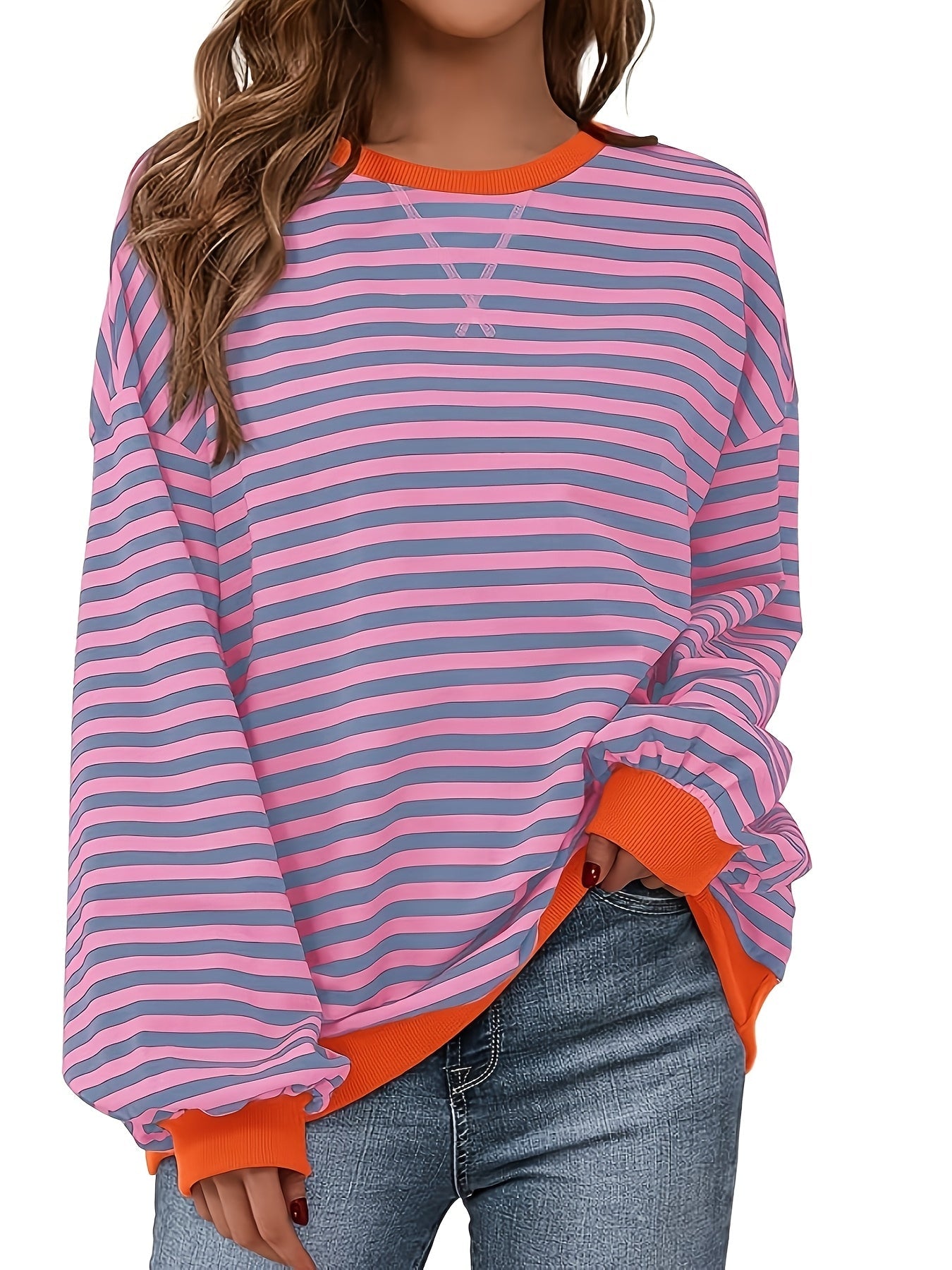 Sudadera de cuello redondo - Color Block Striped Design & Relaxed Fit