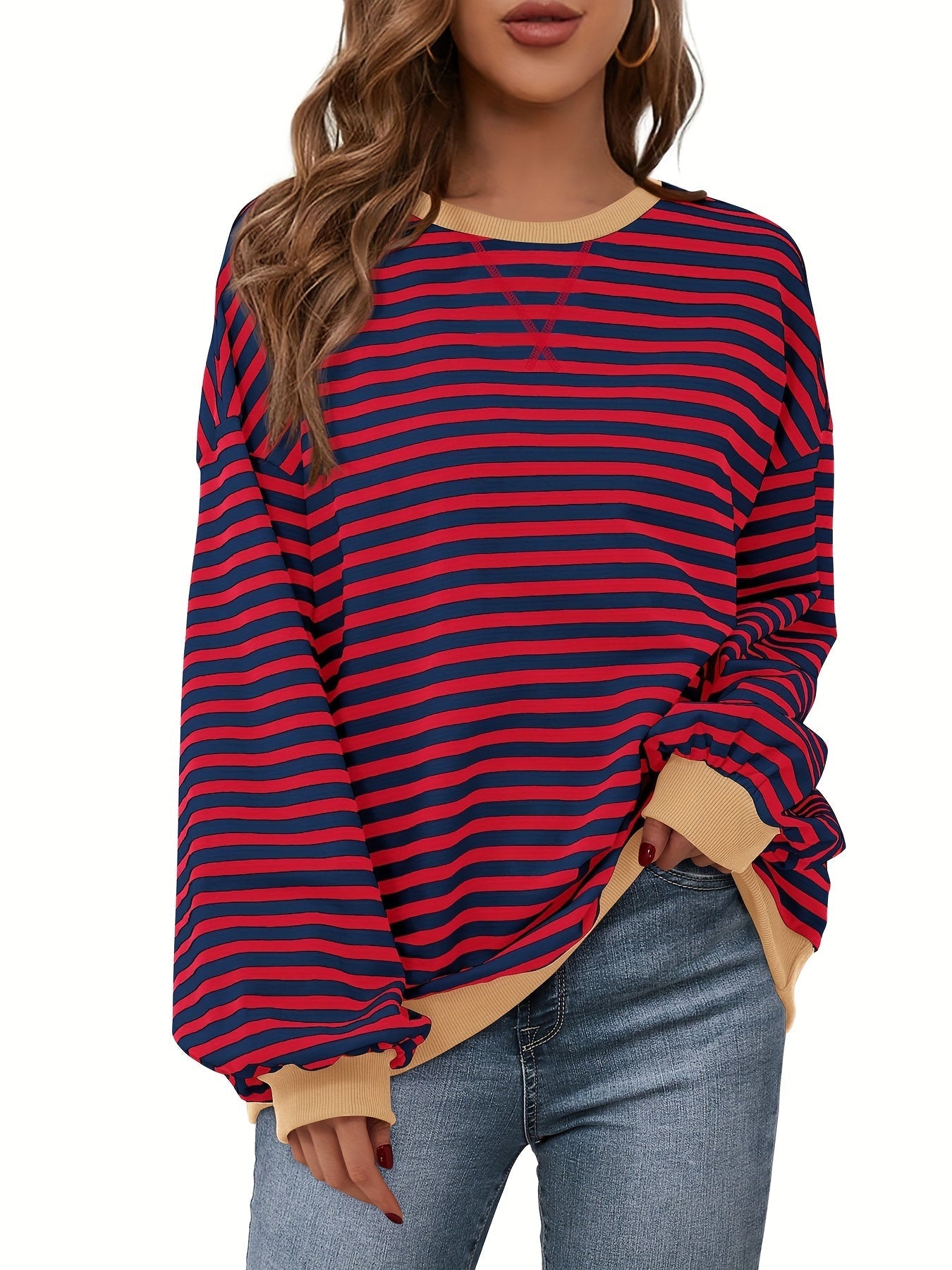 Sudadera de cuello redondo - Color Block Striped Design & Relaxed Fit