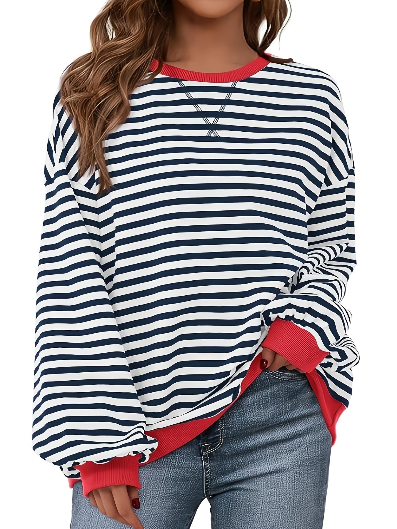 Sudadera de cuello redondo - Color Block Striped Design & Relaxed Fit