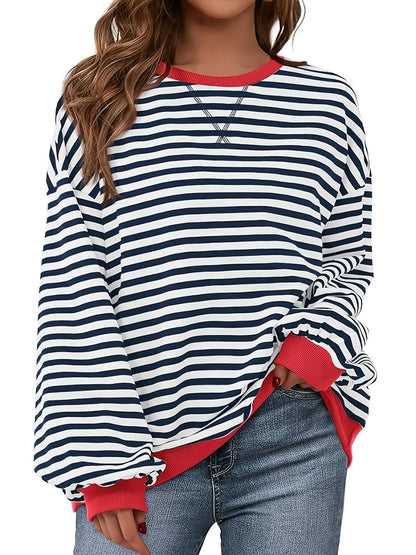 Sudadera de cuello redondo - Color Block Striped Design & Relaxed Fit
