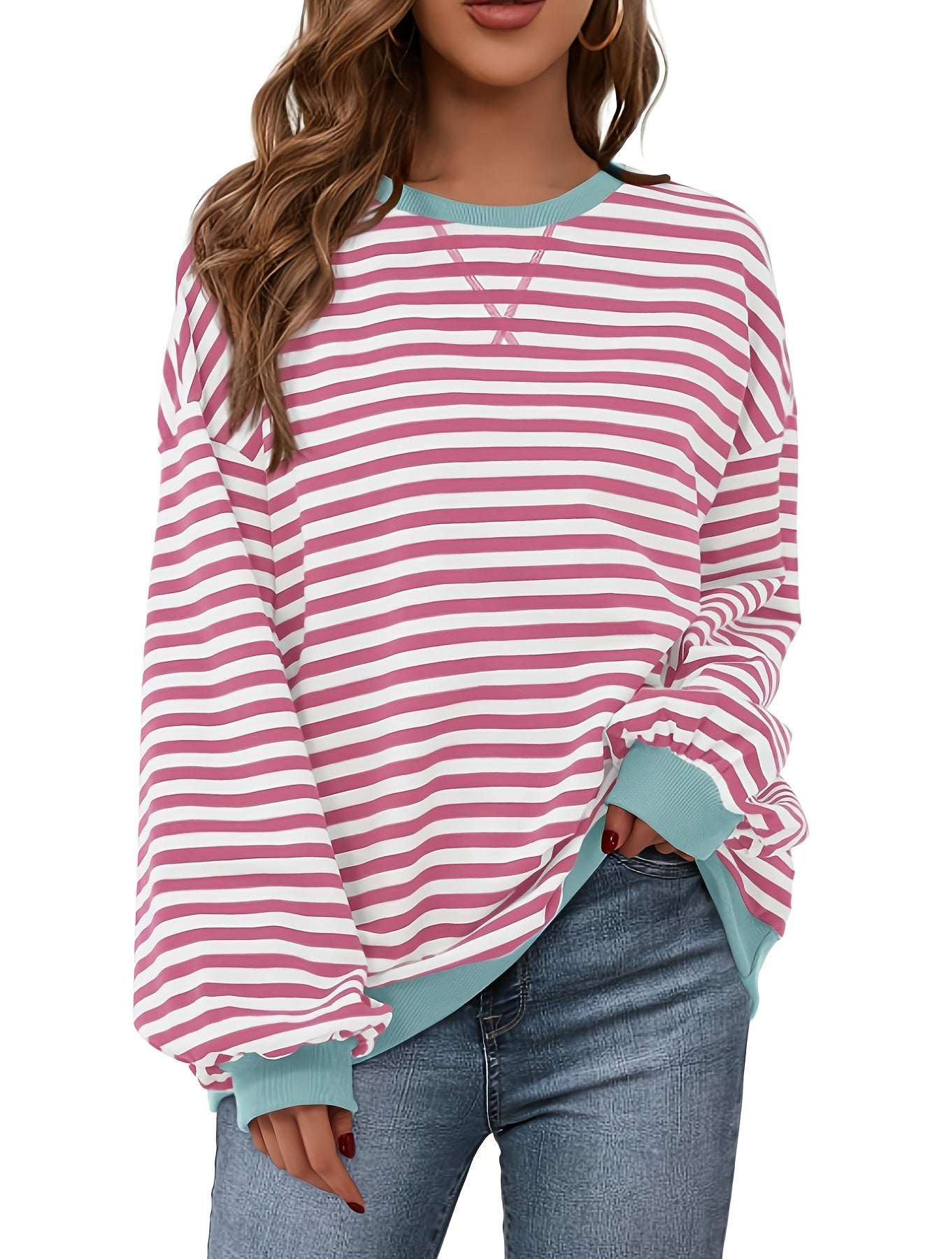 Sudadera de cuello redondo - Color Block Striped Design & Relaxed Fit