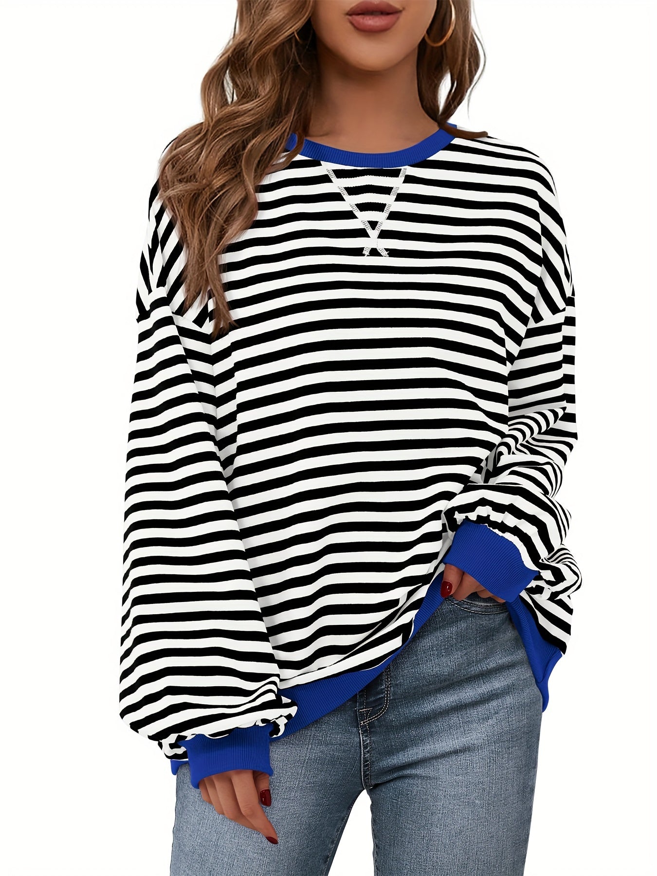 Sudadera de cuello redondo - Color Block Striped Design & Relaxed Fit