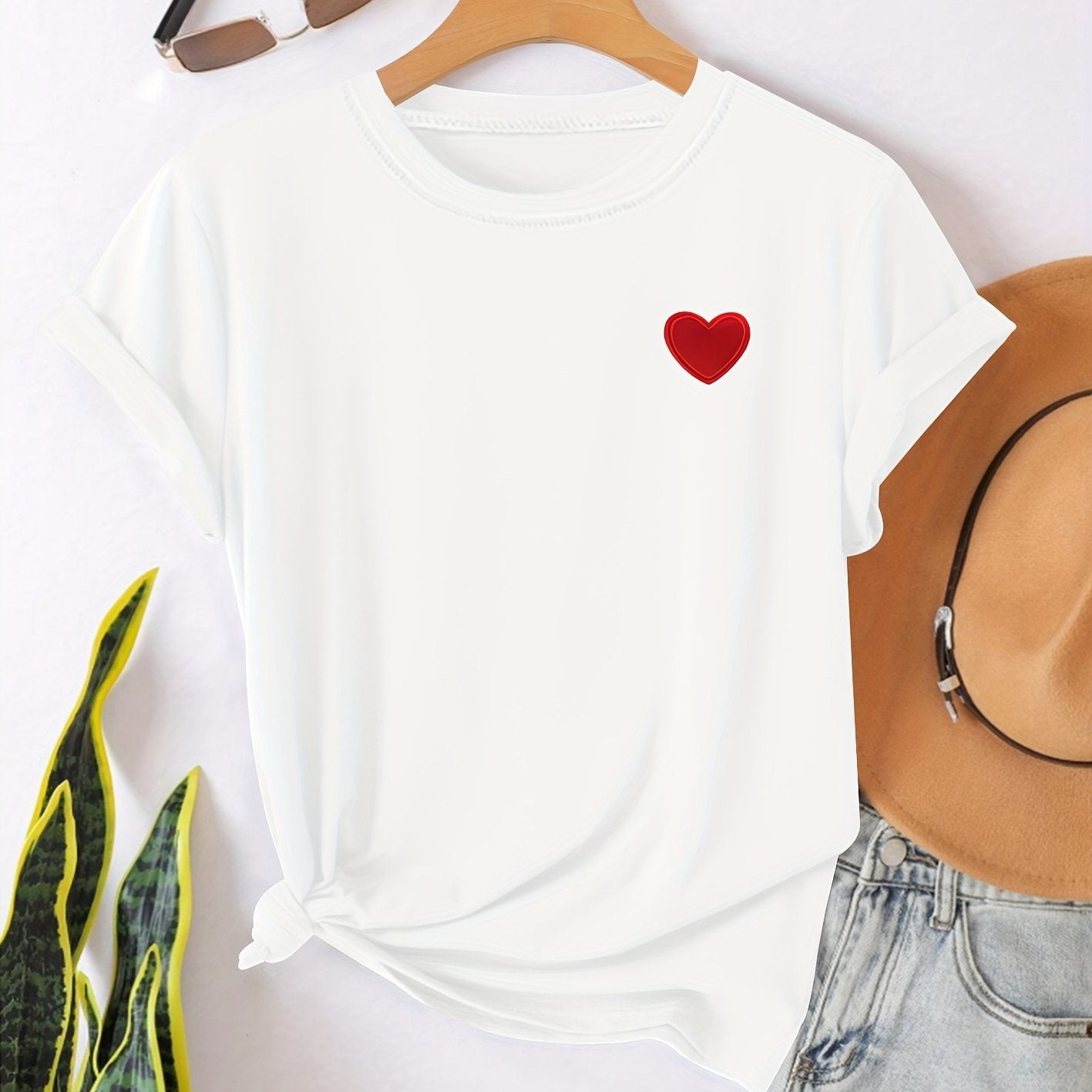 Camiseta - Estampado en forma de corazón y cuello redondo para mayor comodidad