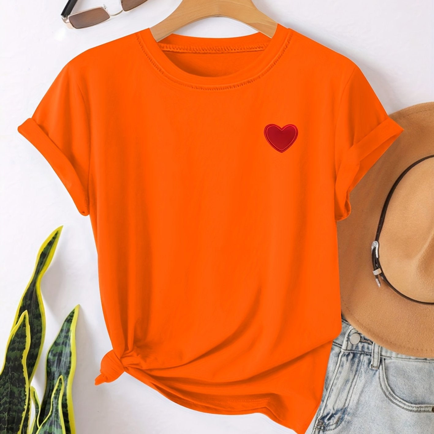 Camiseta - Estampado en forma de corazón y cuello redondo para mayor comodidad