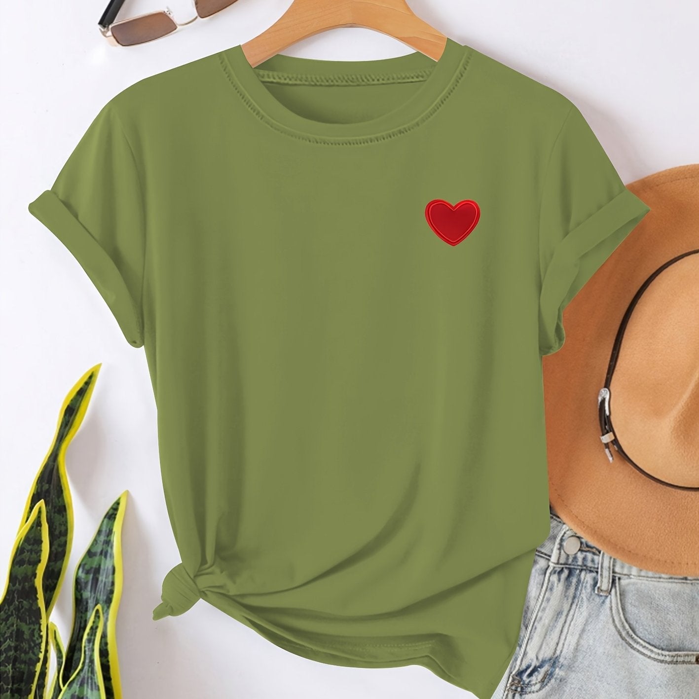 Camiseta - Estampado en forma de corazón y cuello redondo para mayor comodidad
