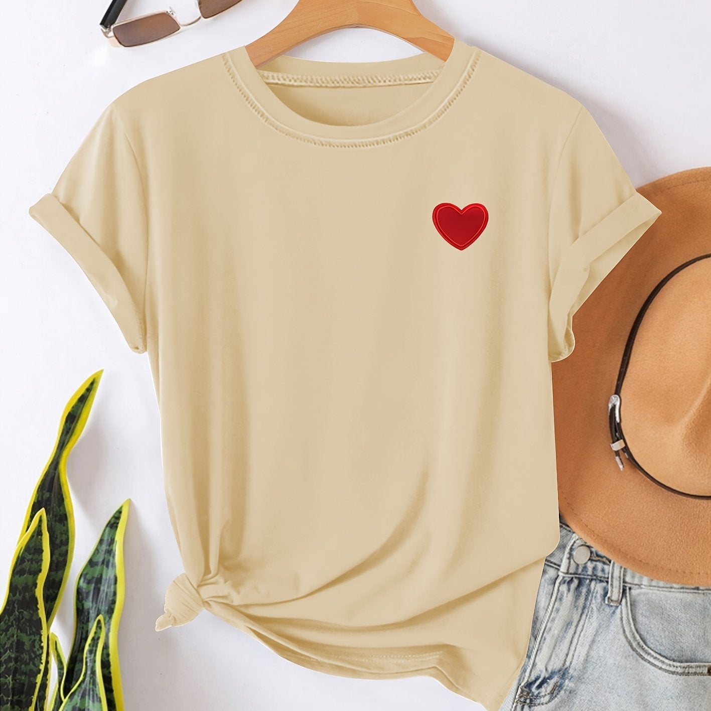 Camiseta - Estampado en forma de corazón y cuello redondo para mayor comodidad