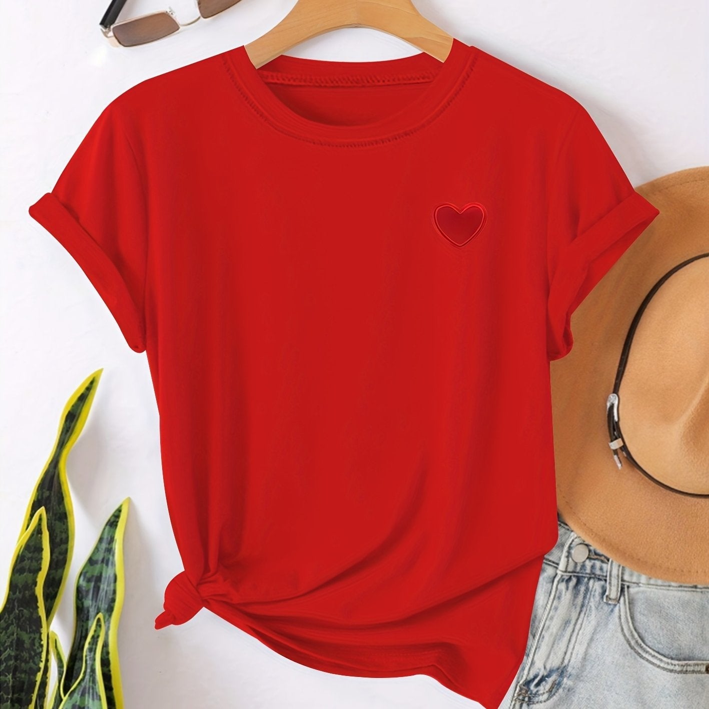 Camiseta - Estampado en forma de corazón y cuello redondo para mayor comodidad