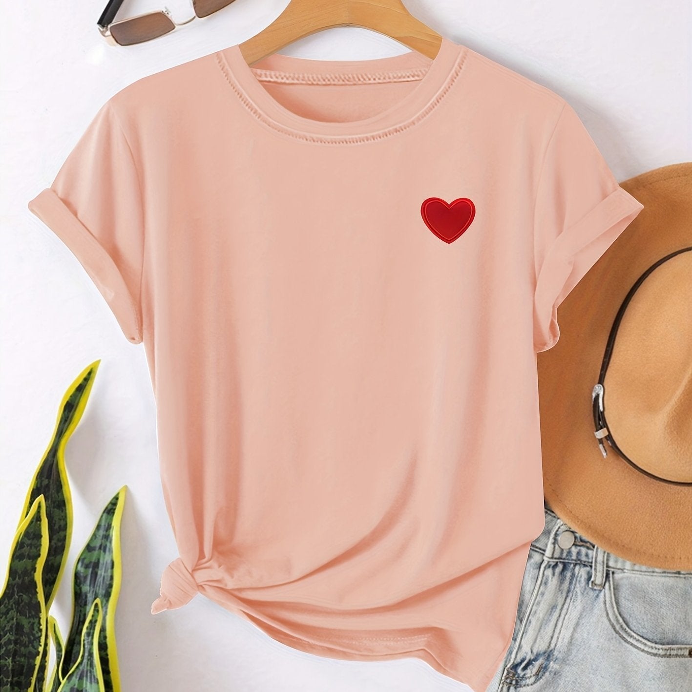 Camiseta - Estampado en forma de corazón y cuello redondo para mayor comodidad