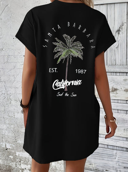 Vestido camiseta - Estampado de palmeras con bolsillo y ajuste cómodo