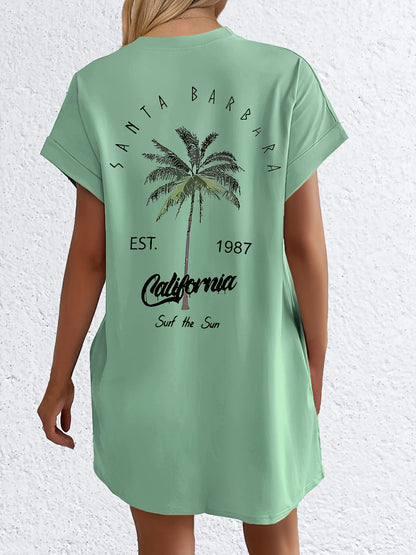Vestido camiseta - Estampado de palmeras con bolsillo y ajuste cómodo
