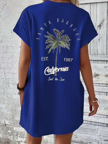 Vestido camiseta - Estampado de palmeras con bolsillo y ajuste cómodo