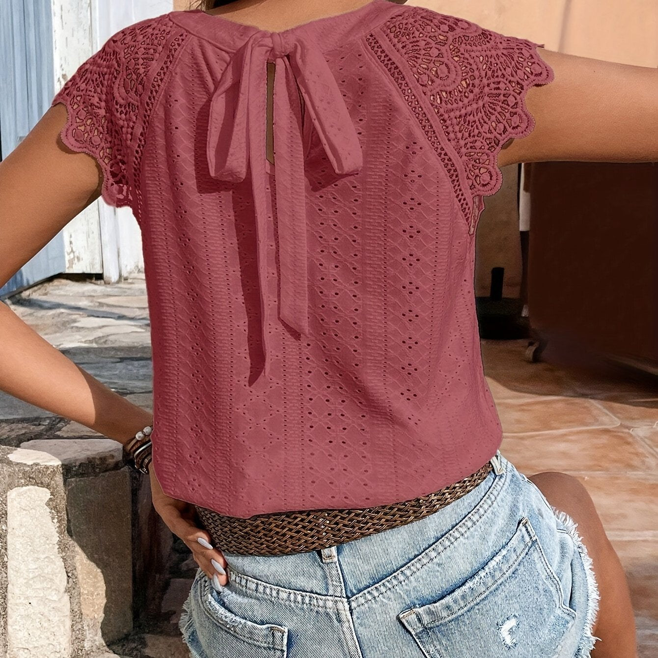 Camiseta - Cordones y Lazo en la Espalda y Casual Color Sólido
