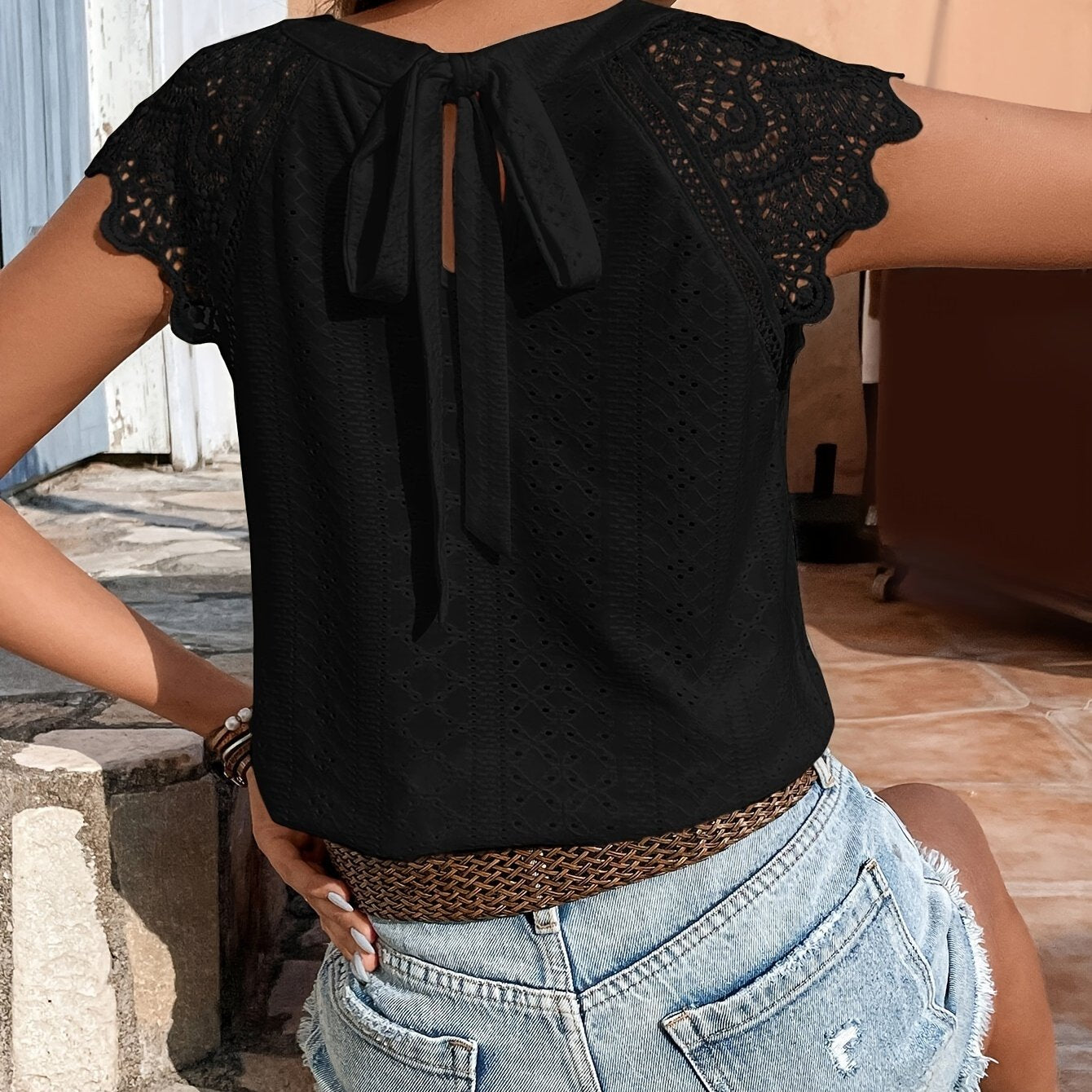 Camiseta - Cordones y Lazo en la Espalda y Casual Color Sólido